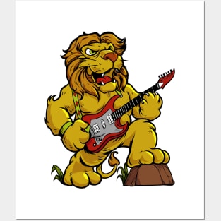 Cartoon lion playing electric guitar Posters and Art